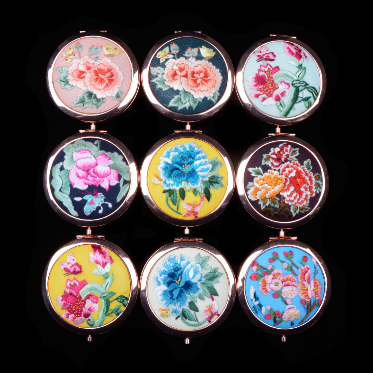 尉犁化妆随身镜精品出国送礼刺绣中国风古风摄影 手绣镜子